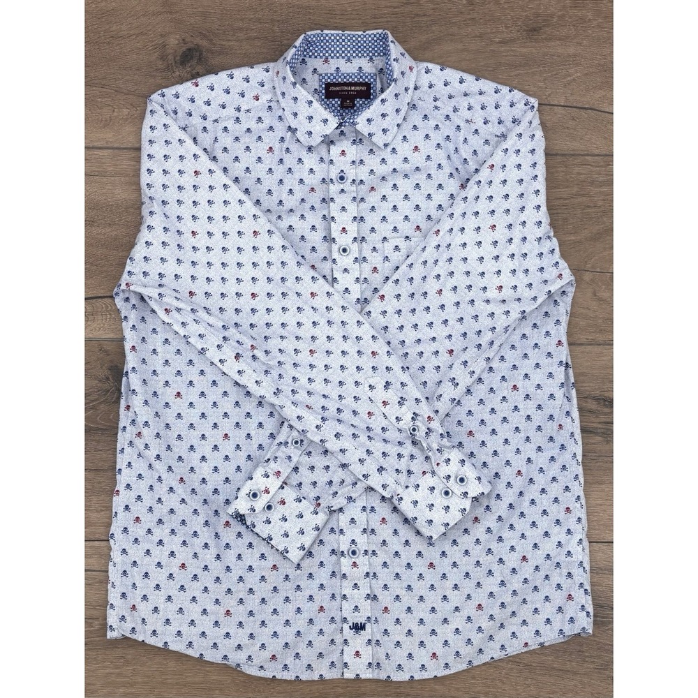 Johnston‎ & Murphy Men's Medium Skull Print Button Front Shirt White Blue Red